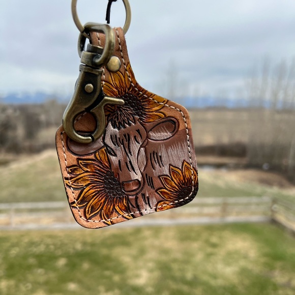 Hand-Tooled Leather Bovine Cow Boho Summer key chain fob gift yellow New Western - Picture 3 of 6
